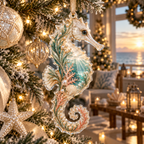 One christmas ornament with original Seahorse Champagne Tide Welcome optical-depth print.