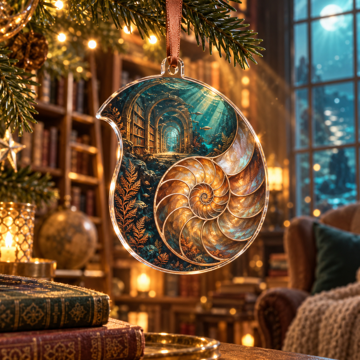 One christmas ornament with original Nautilus Amber Library optical-depth print.
