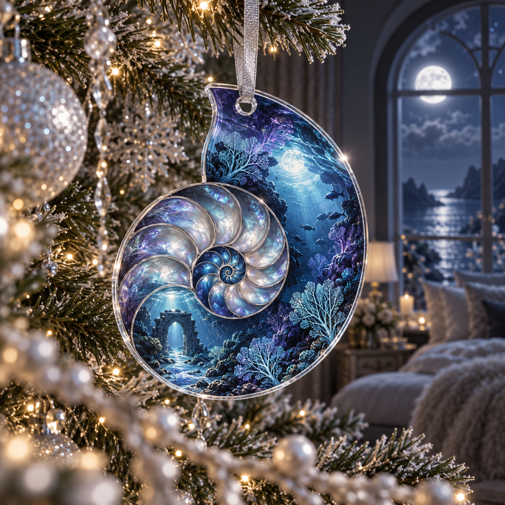 One christmas ornament with original Nautilus Moonstone Observatory optical-depth print.