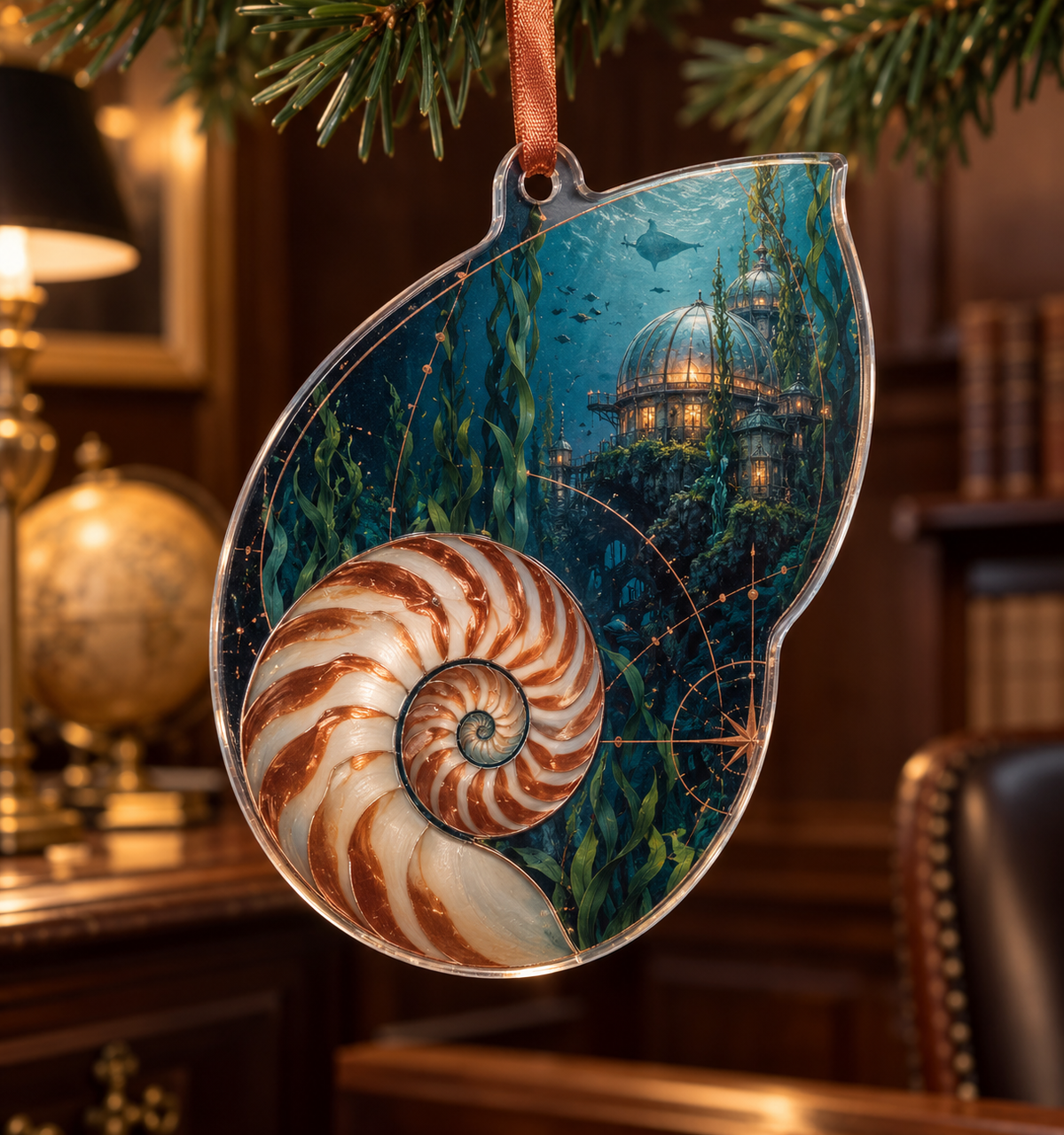 One christmas ornament with original Nautilus Cartographer's Study optical-depth print.