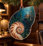 One christmas ornament with original Nautilus Cartographer's Study optical-depth print.