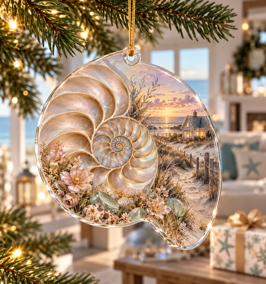 One christmas ornament with original Nautilus Sea Glass Welcome optical-depth print.