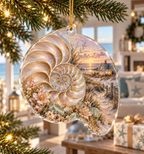 One christmas ornament with original Nautilus Sea Glass Welcome optical-depth print.