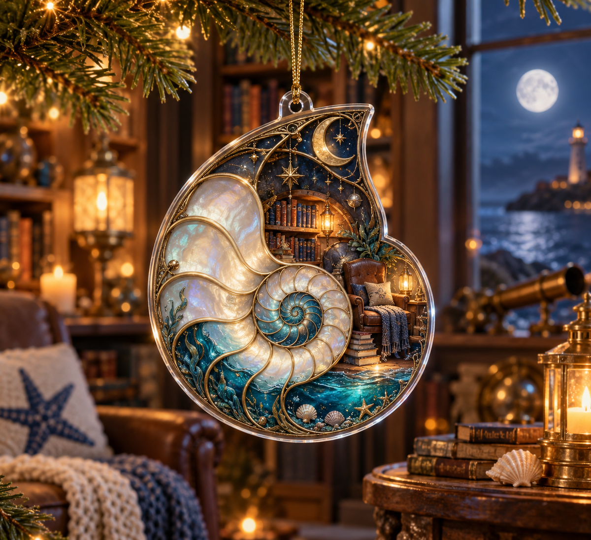 One christmas ornament with original Nautilus Moonlit Reading Nook optical-depth print.