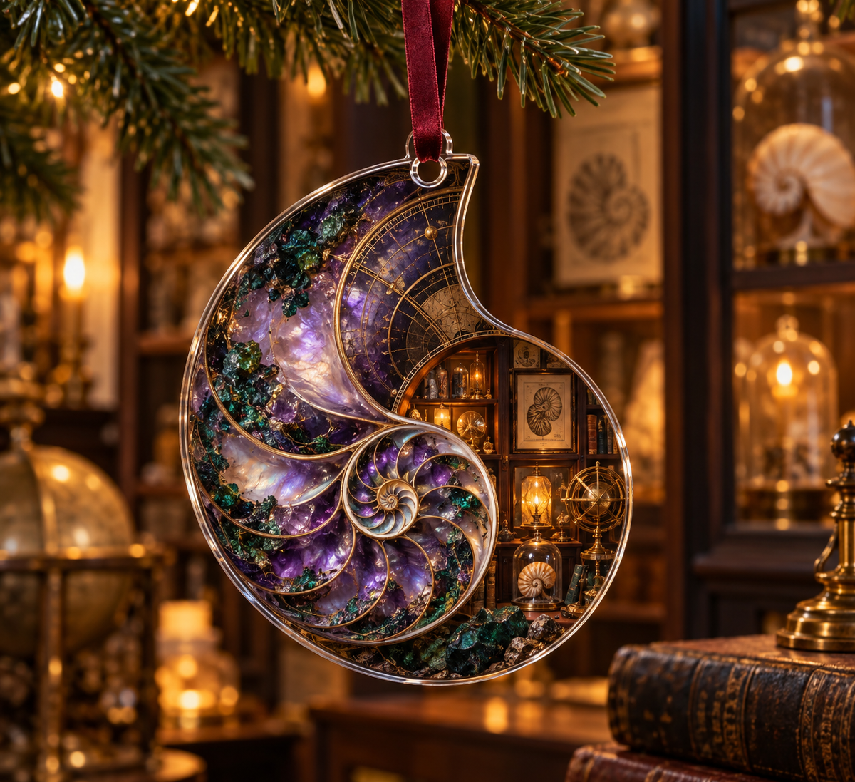 One christmas ornament with original Nautilus Curiosity Cabinet optical-depth print.