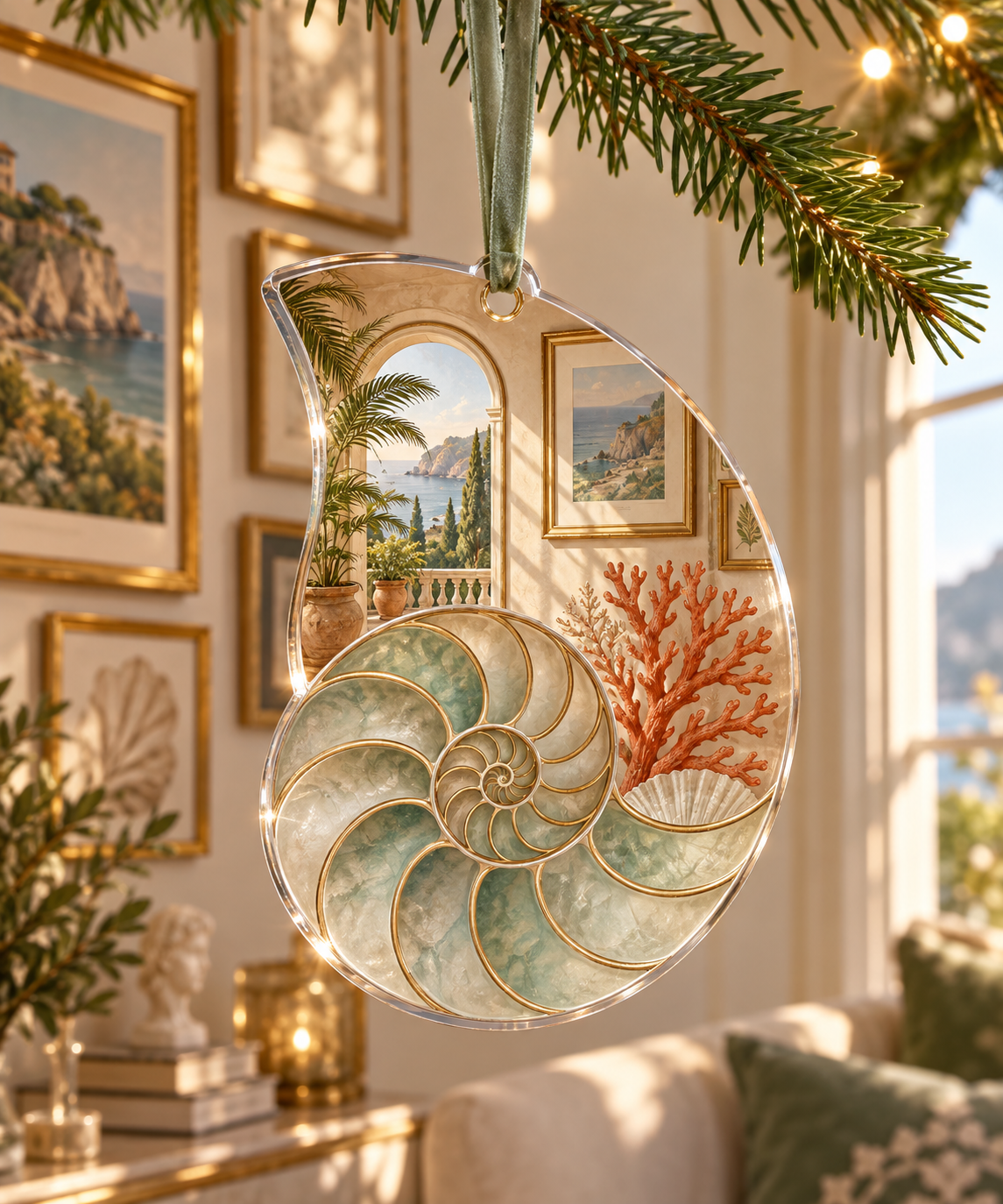 One christmas ornament with original Nautilus Sunroom Gallery optical-depth print.