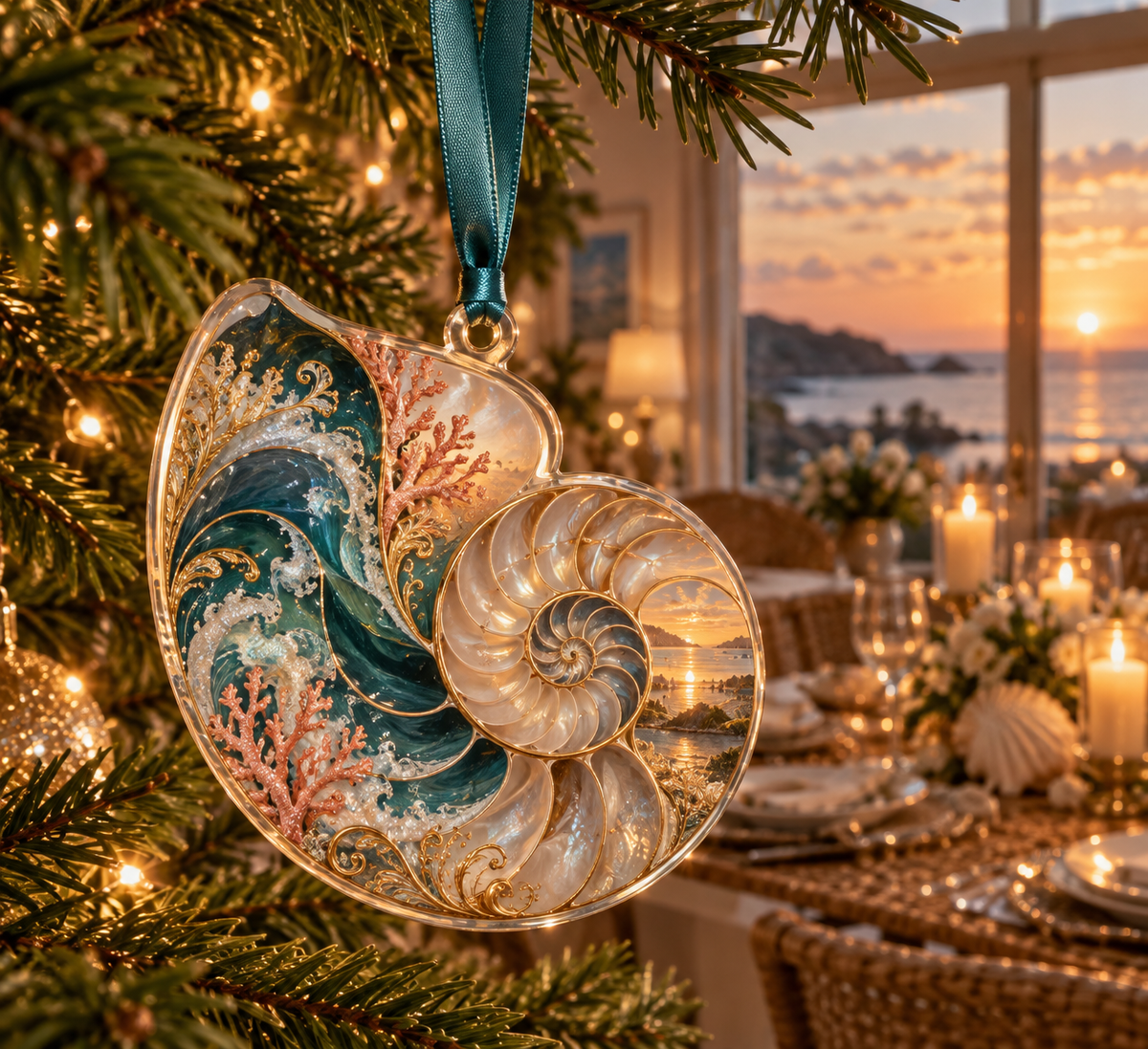 One christmas ornament with original Nautilus Candlelit Welcome optical-depth print.