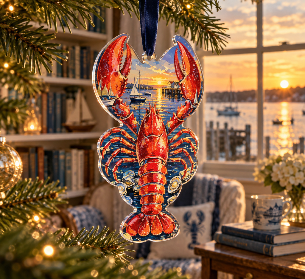 One christmas ornament with original Lobster Harbor Library optical-depth print.