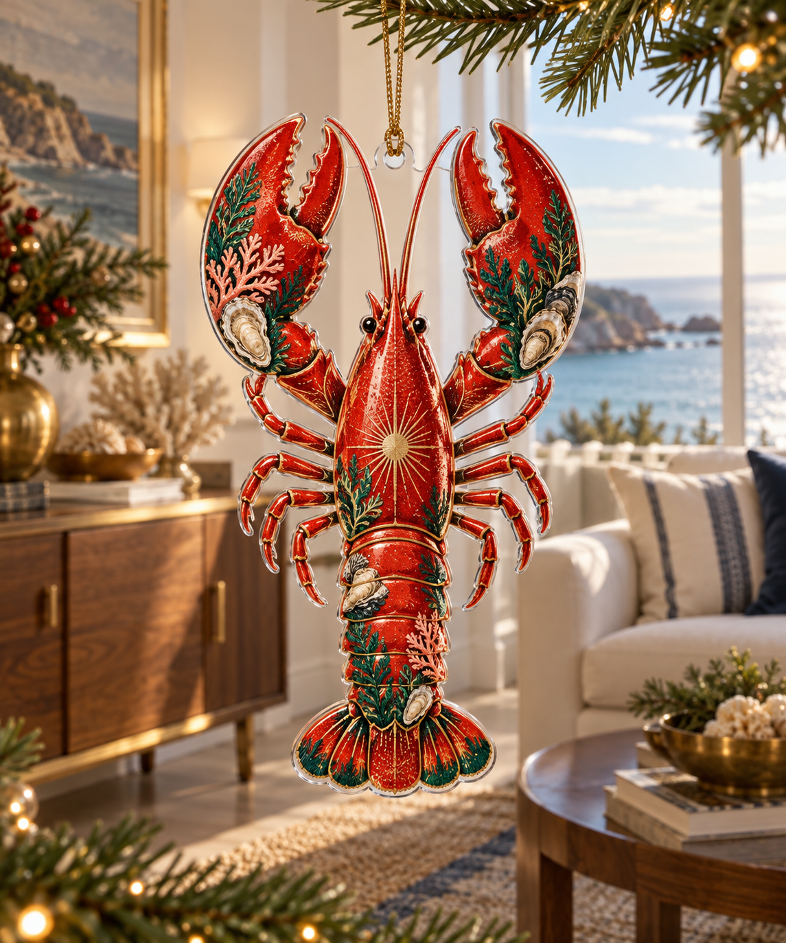 One christmas ornament with original Lobster Coral Salon optical-depth print.