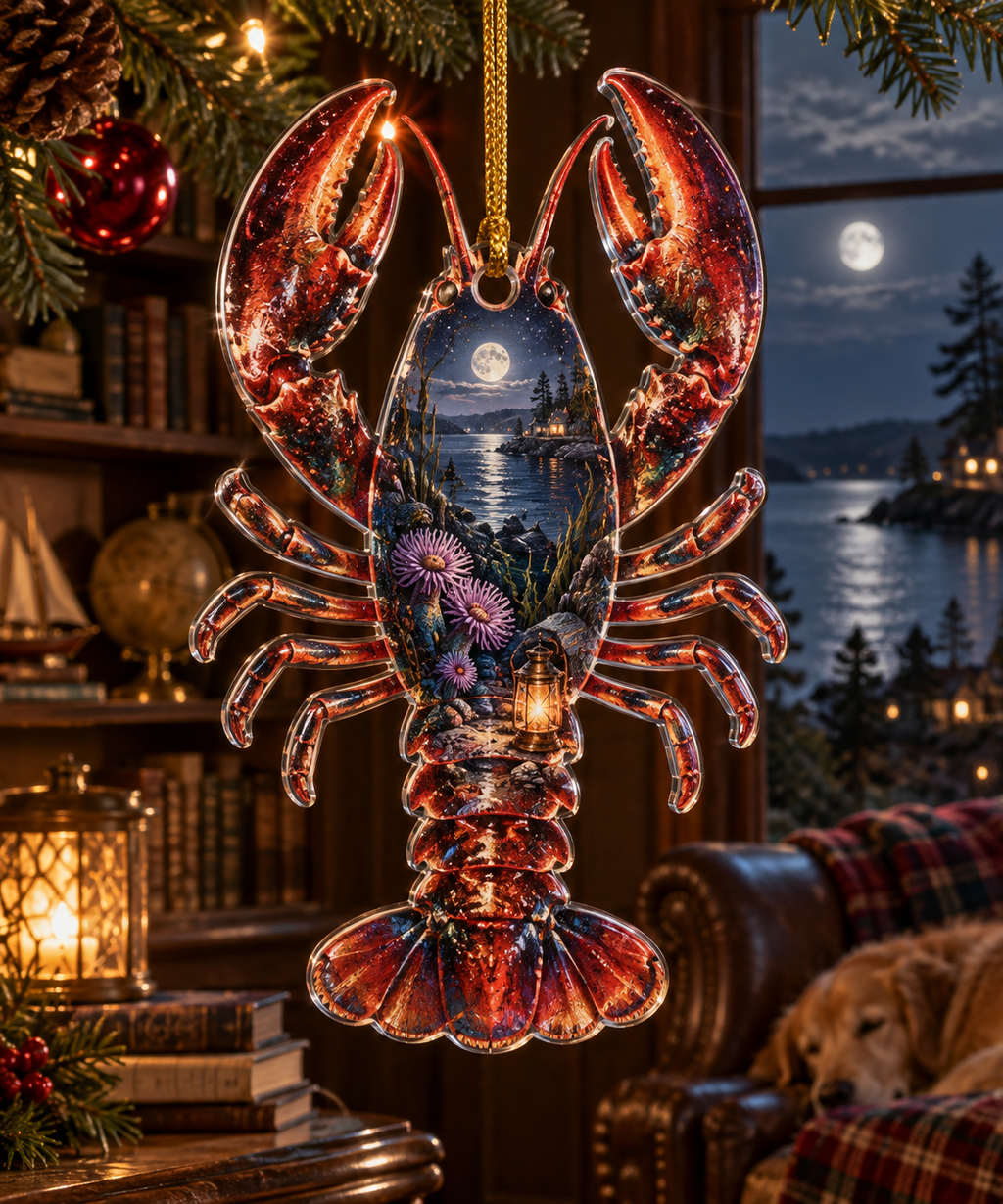 One christmas ornament with original Midnight Cove Library Lobster optical-depth print.