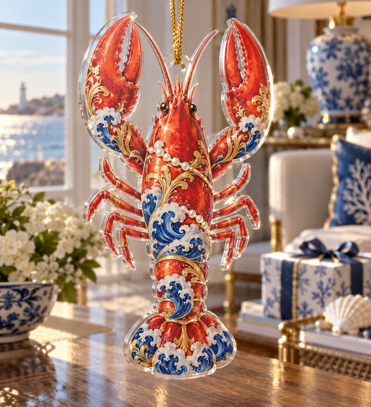 One christmas ornament with original Lobster Porcelain Gallery optical-depth print.