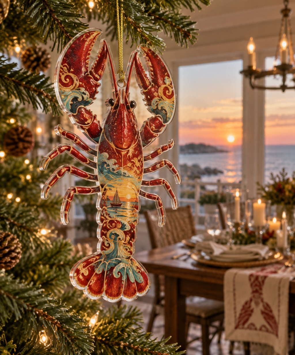One christmas ornament with original Lobster Sunset Banquet optical-depth print.