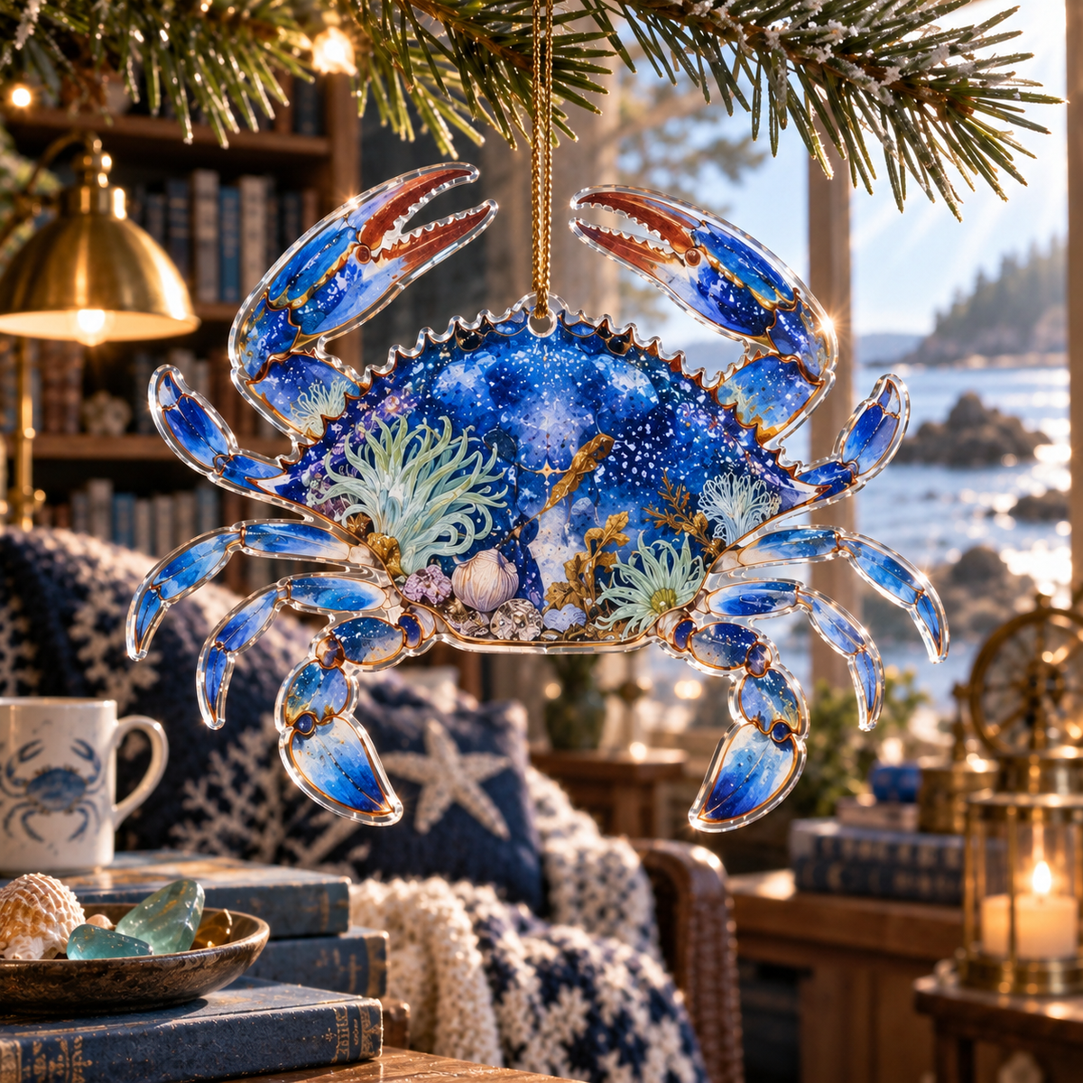 One christmas ornament with original Crab Tidepool Reading Room optical-depth print.