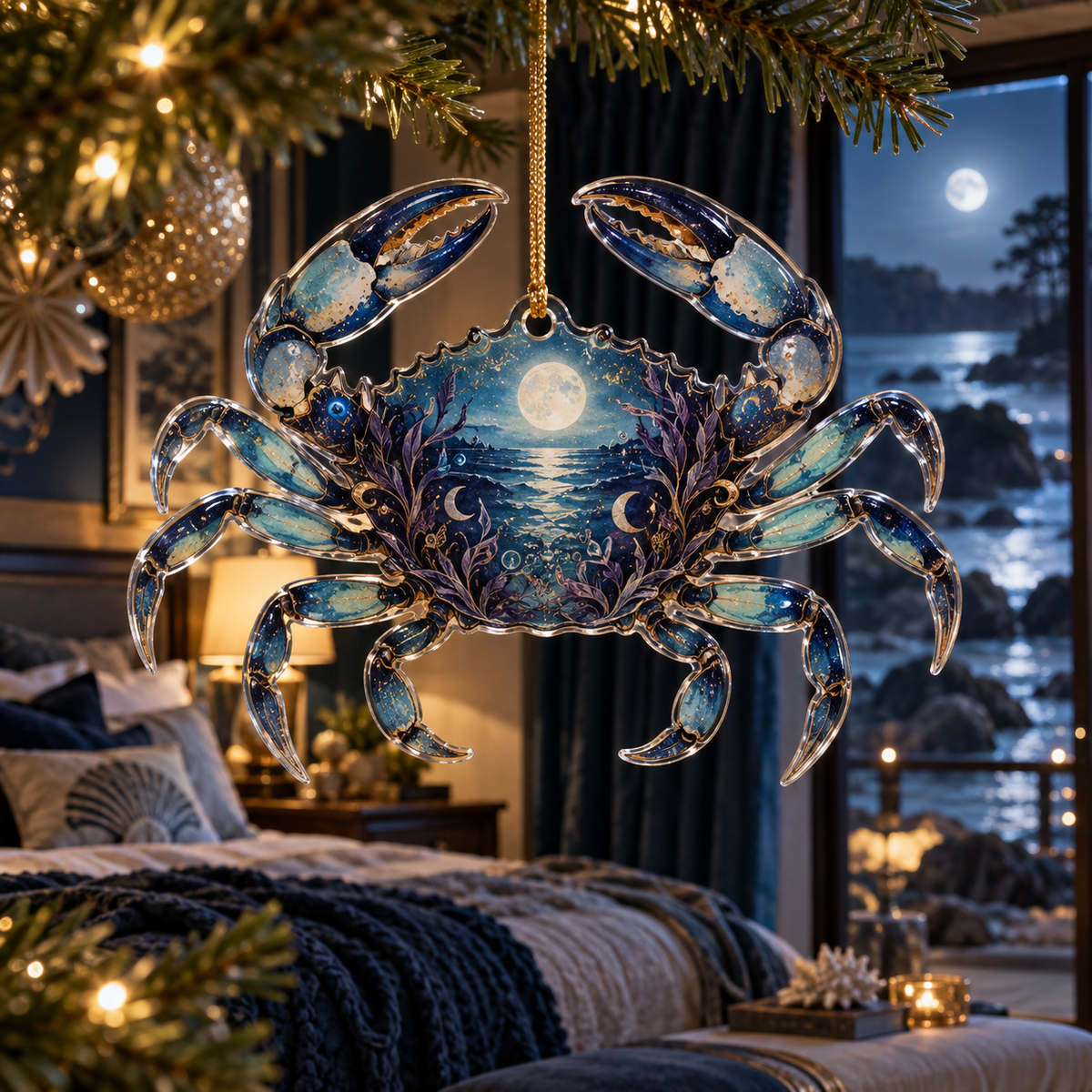 One christmas ornament with original Crab Moonlit Tidal Chamber optical-depth print.