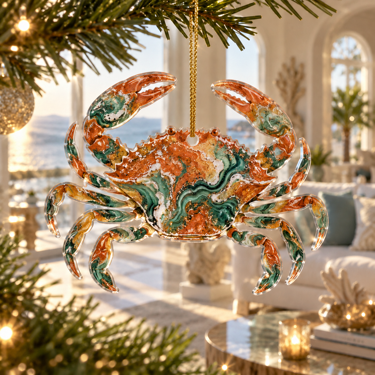 One christmas ornament with original Crab Sunlit Tidal Salon optical-depth print.