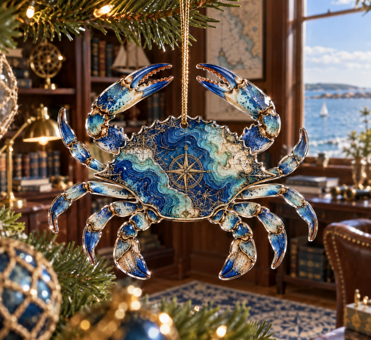 One christmas ornament with original Crab Cartographer Study optical-depth print.