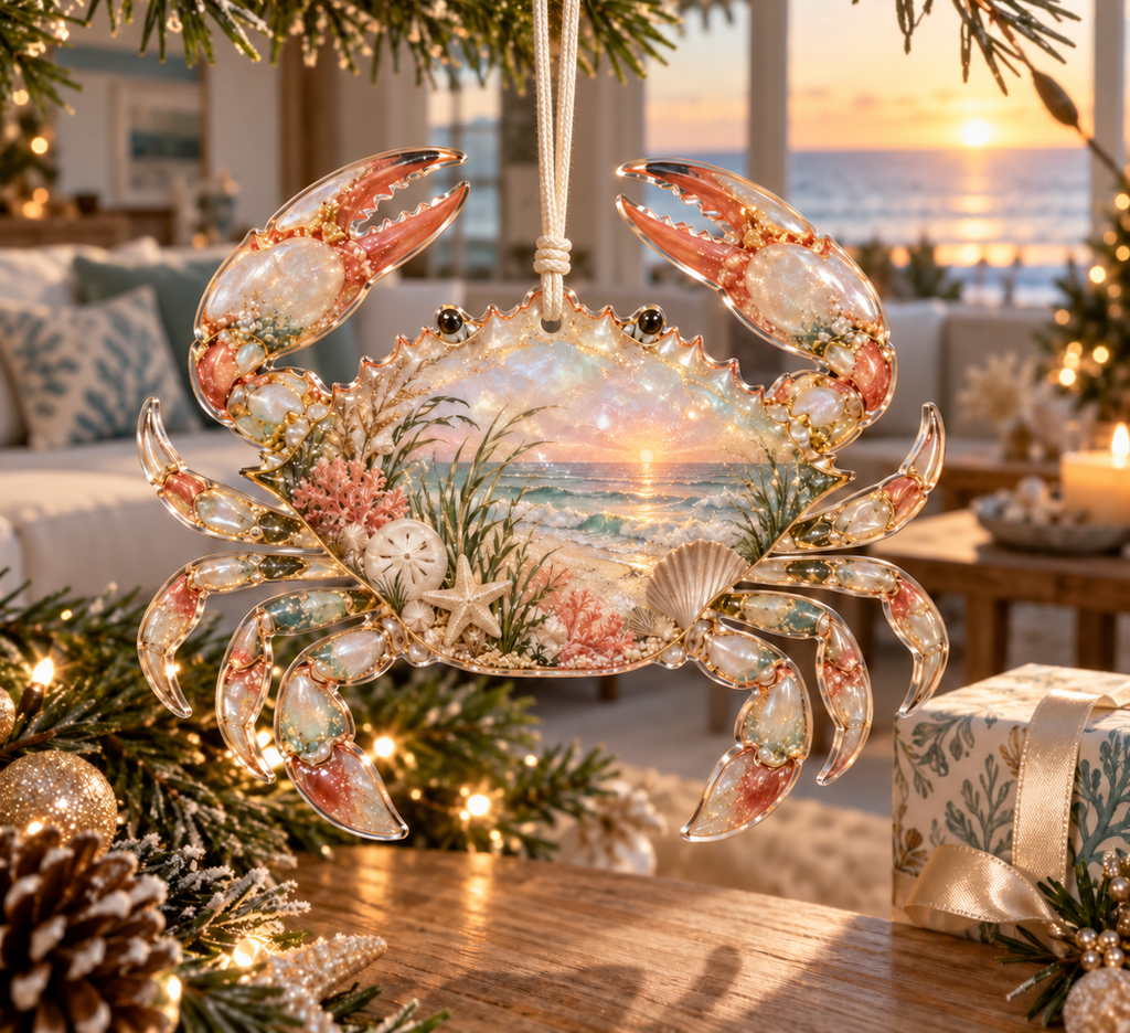 One christmas ornament with original Crab Opal Cove Housewarming optical-depth print.