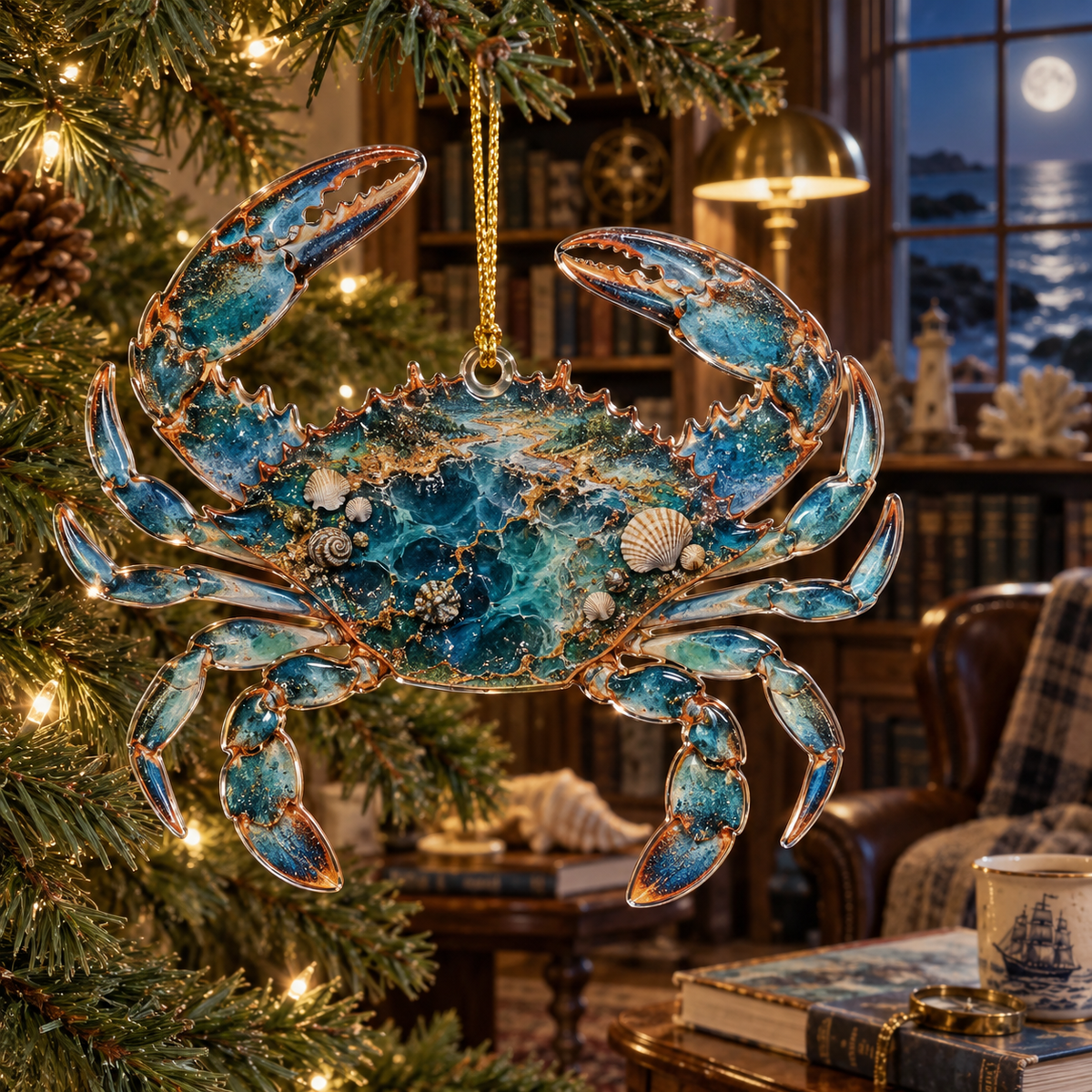 One christmas ornament with original Crab Moonlit Tide Library optical-depth print.