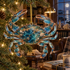 One christmas ornament with original Crab Moonlit Tide Library optical-depth print.