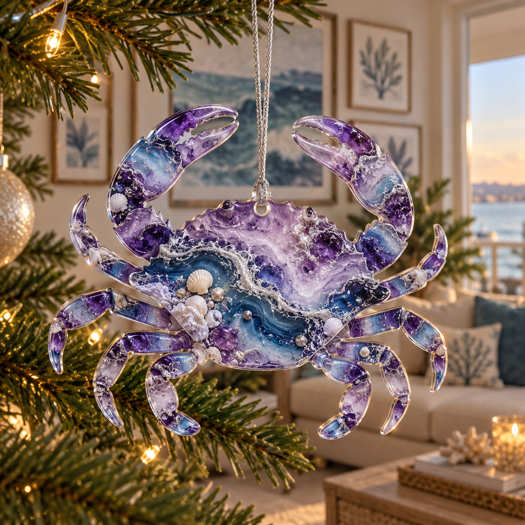 One christmas ornament with original Crab Amethyst Gallery optical-depth print.
