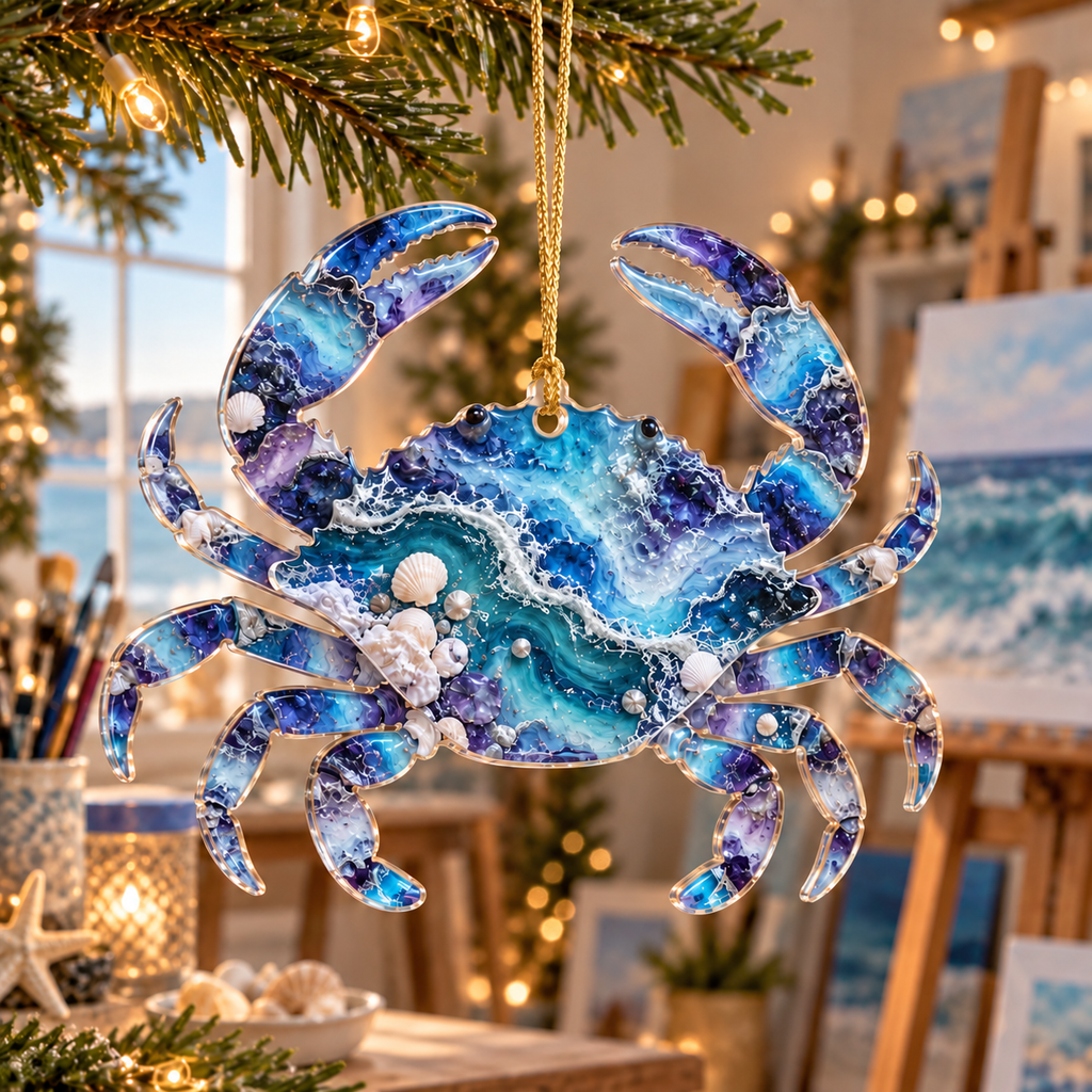 One christmas ornament with original Crab Tidal Pool Studio flat printed optical-depth artwork.