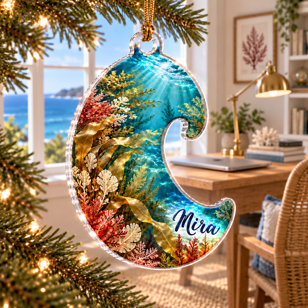 One christmas ornament with original seaweed herbarium home office flat printed optical-depth artwork.