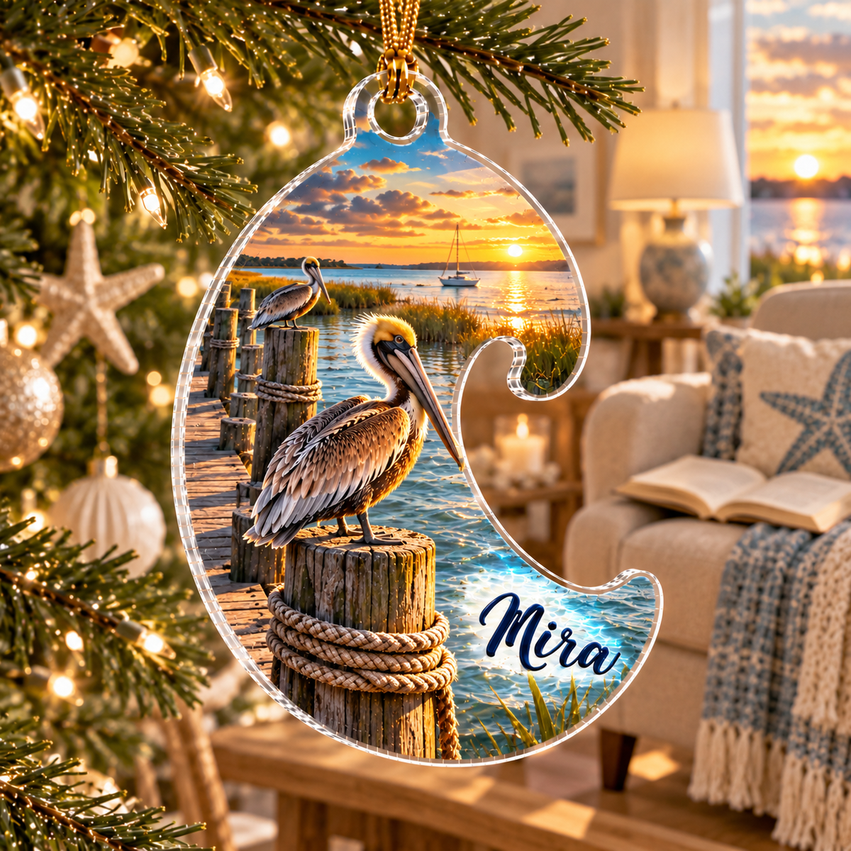 One christmas ornament with original pelican dock reading nook flat printed optical-depth artwork.