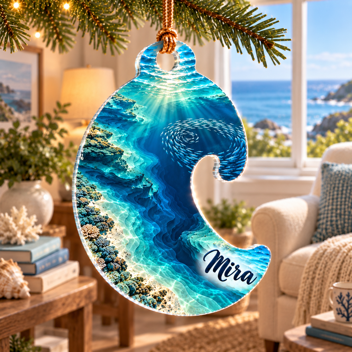 One christmas ornament with original ocean depth contours reading nook flat printed optical-depth artwork.