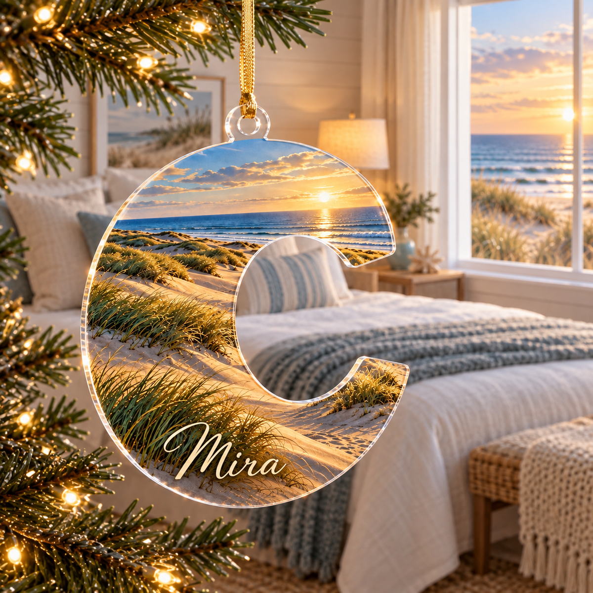 One christmas ornament with flat printed layered golden sand dunes, dune grass and distant blue sea artwork in a coastal bedroom.