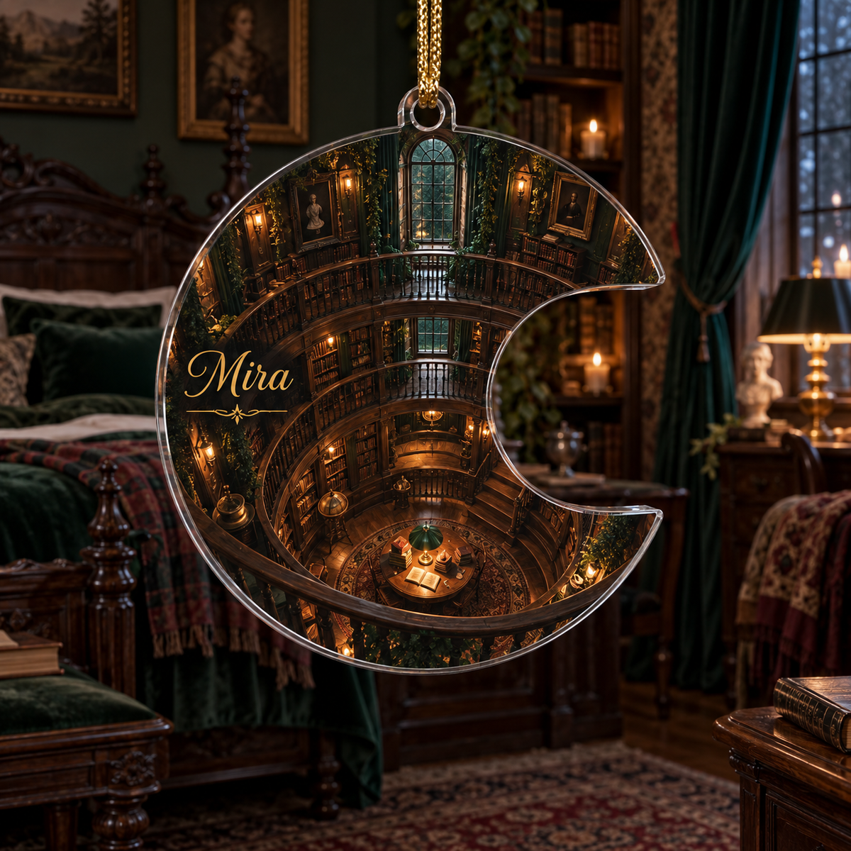 One christmas ornament with flat printed layered antique library architecture artwork in a dark academia bedroom.