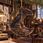 One christmas ornament with flat printed raven, antique books and brass keys in a bibliophile hobby studio.
