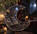 One christmas ornament with flat printed open gothic grimoire, moon and brass key in a gothic bedroom.