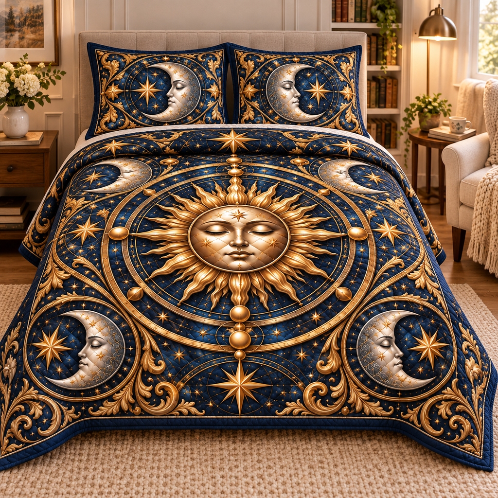 Sun and Moon Reading Nook Quilted Bedding Set with flat printed optical 3D celestial artwork in a reading nook