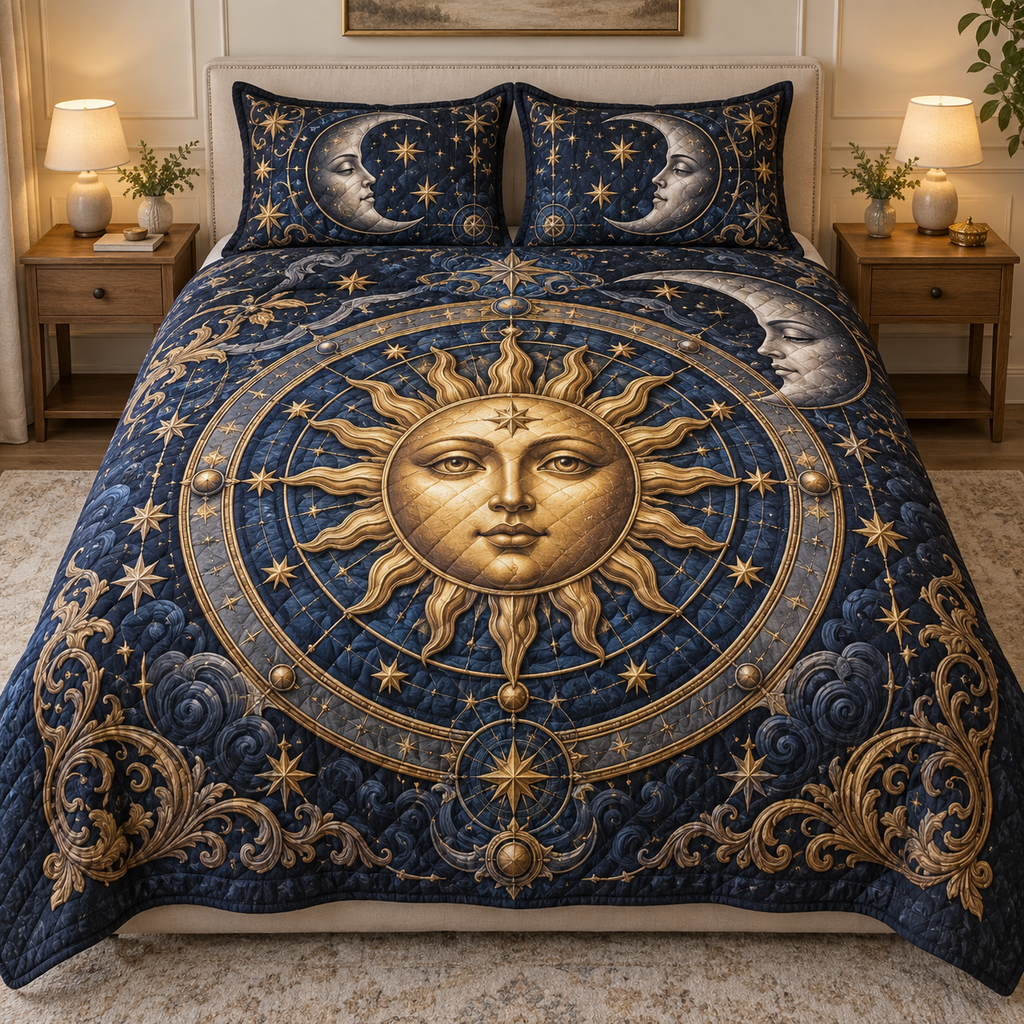 Sun and Moon Bedroom Statement Quilted Bedding Set with flat printed optical 3D celestial artwork in a bedroom setting