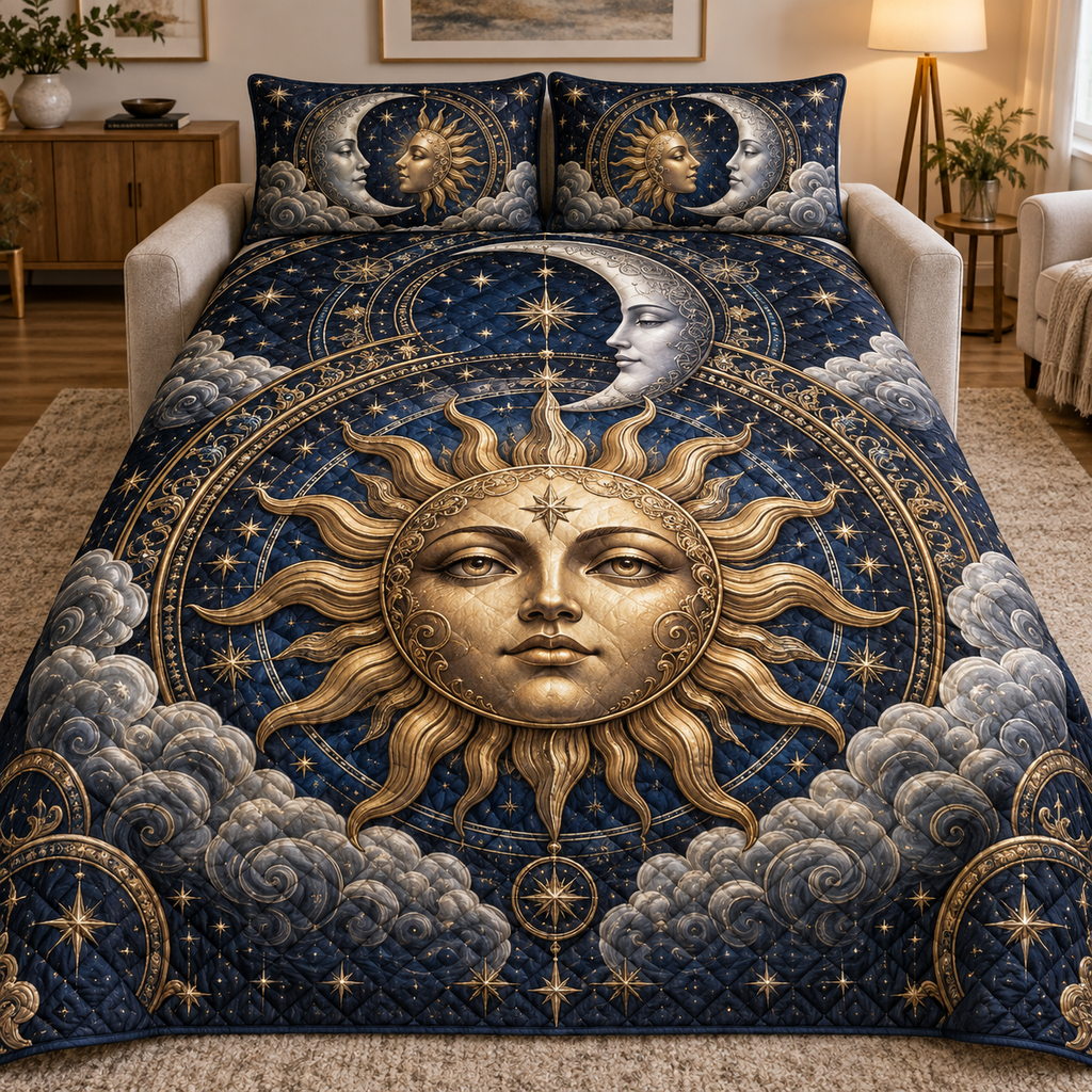 Sun Moon and Silver Clouds Quilted Bedding Set with flat printed optical 3D artwork in a living room setting