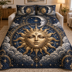 Sun Moon and Silver Clouds Quilted Bedding Set with flat printed optical 3D artwork in a living room setting
