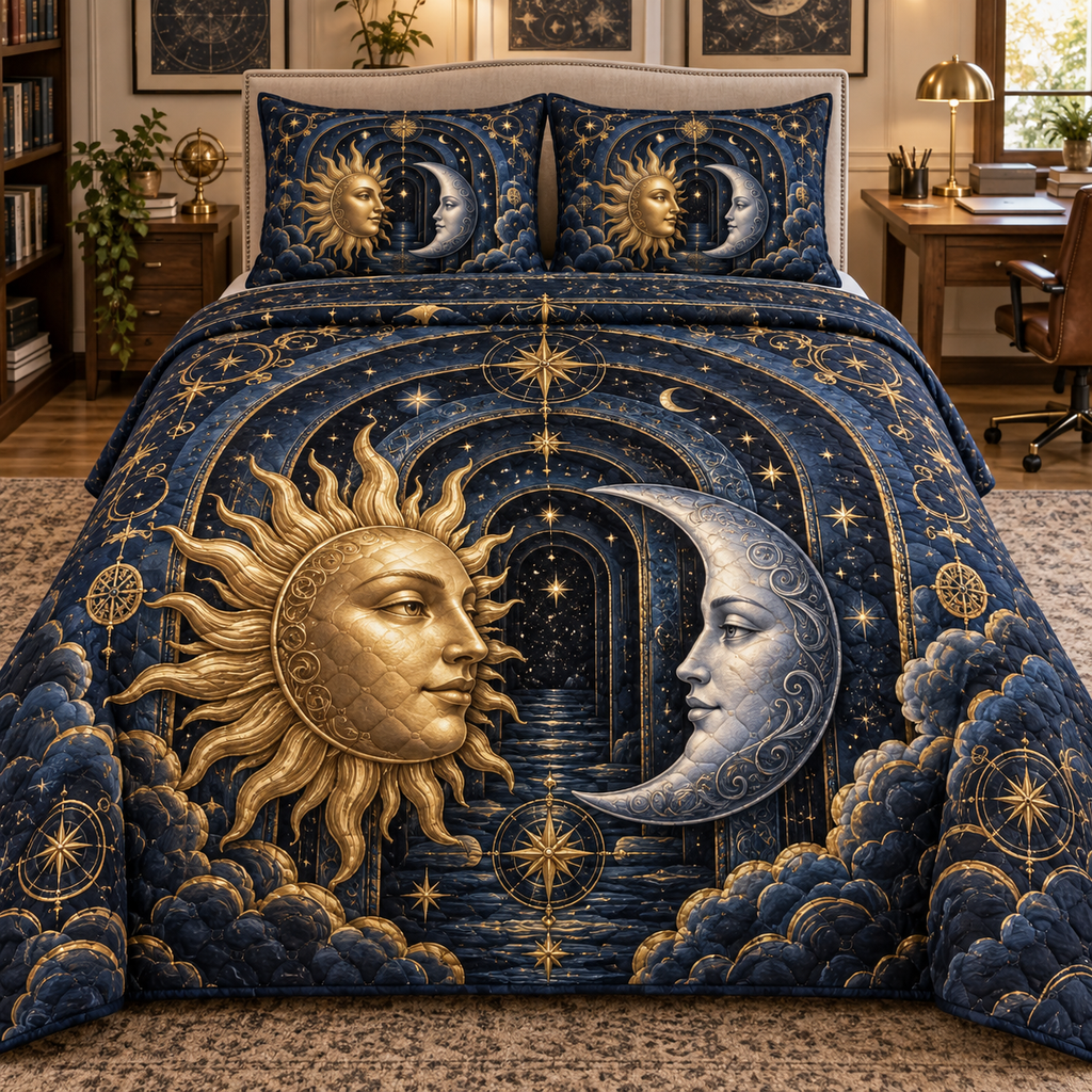 Sun and Moon Celestial Arch Quilted Bedding Set with flat printed optical 3D artwork in a home office setting