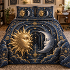 Sun and Moon Celestial Arch Quilted Bedding Set with flat printed optical 3D artwork in a home office setting