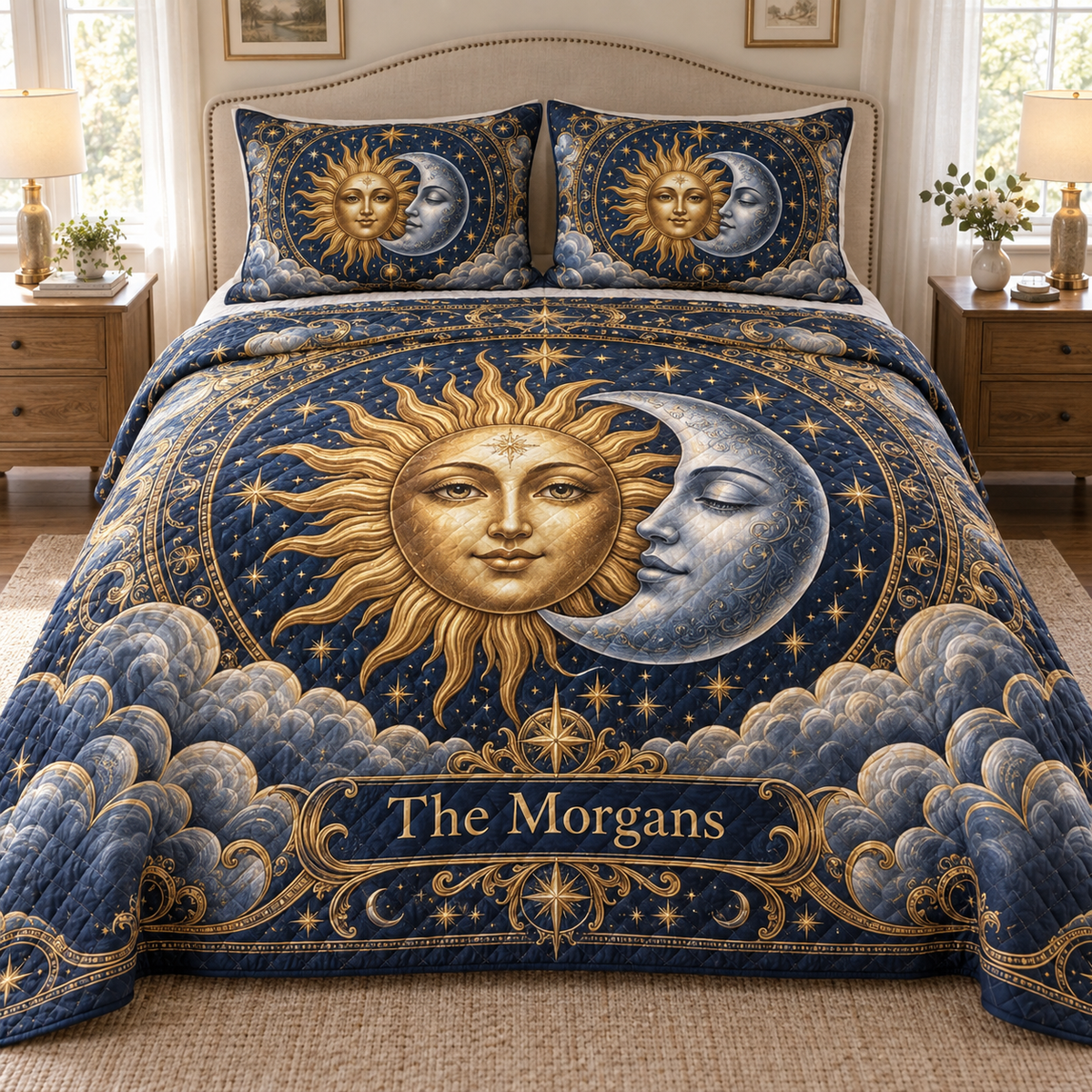 Personalized Sun and Moon Quilted Bedding Set showing example name The Morgans printed within the celestial artwork