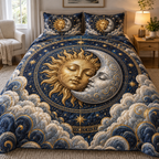 Sleeping Sun and Moon Quilted Bedding Set with flat printed optical 3D artwork in a peaceful quiet corner
