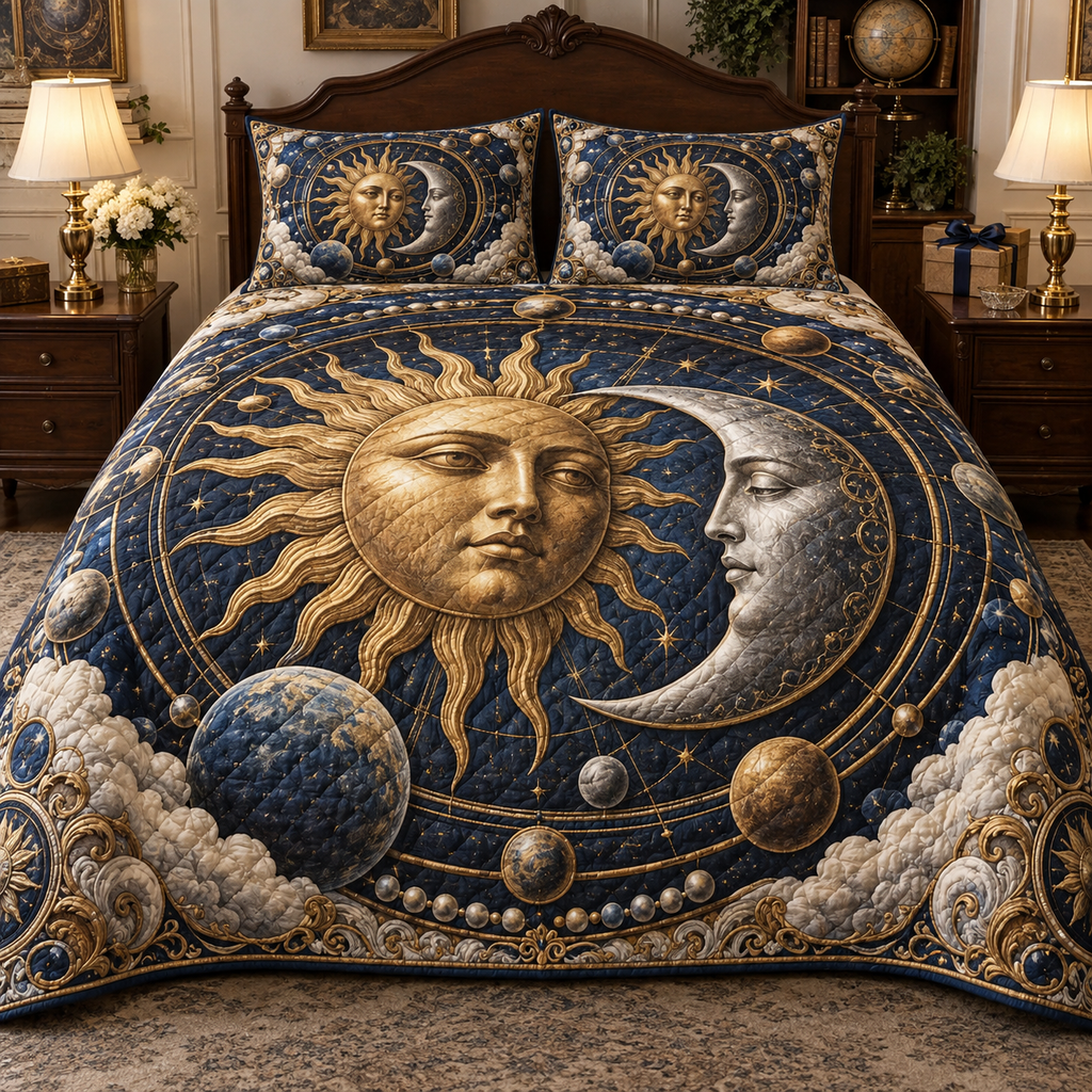 Sun and Moon Orbital Planets Quilted Bedding Set with flat printed optical 3D celestial artwork in a collector room setting