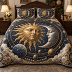 Sun and Moon Orbital Planets Quilted Bedding Set with flat printed optical 3D celestial artwork in a collector room setting
