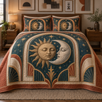 Sun and Moon Gallery Arches Quilted Bedding Set with flat printed optical 3D artwork in teal and terracotta