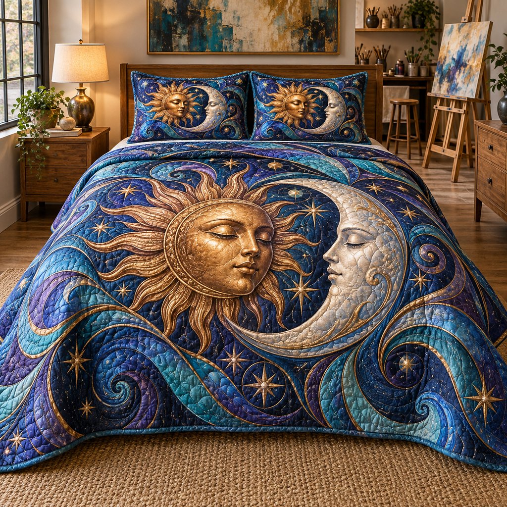 Sun and Moon Studio Swirls Quilted Bedding Set with flat printed optical 3D copper sun and pearl moon artwork in blue and violet