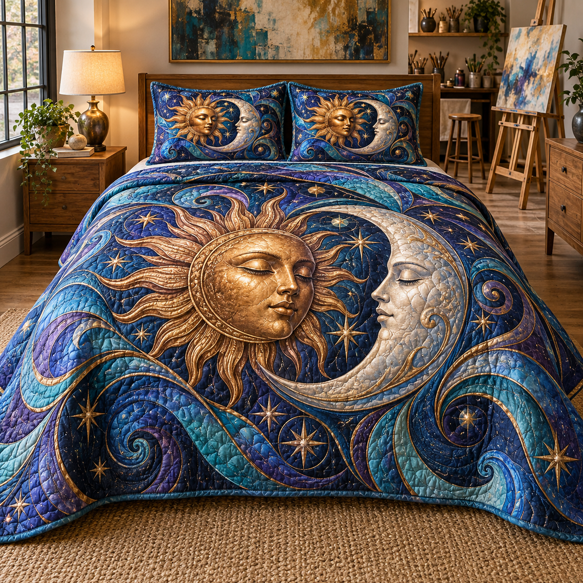 Sun and Moon Studio Swirls Quilted Bedding Set with flat printed optical 3D copper sun and pearl moon artwork in blue and violet