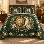 Sun and Moon Magnolia Laurel Quilted Bedding Set with flat printed optical 3D celestial botanical artwork on emerald green