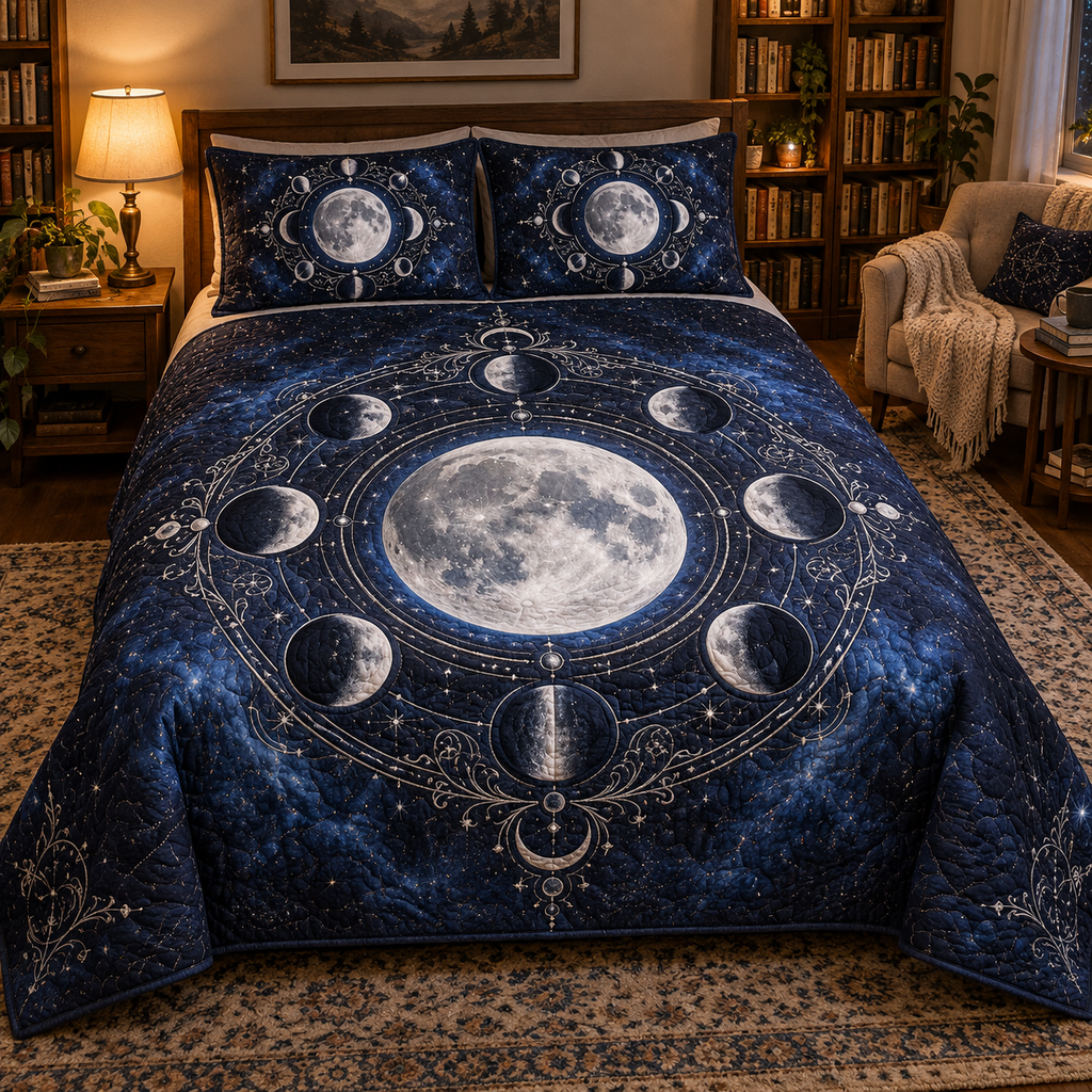 Moon Phase Reading Nook Quilted Bedding Set with flat printed optical 3D silver lunar motifs on midnight indigo