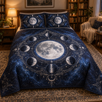 Moon Phase Reading Nook Quilted Bedding Set with flat printed optical 3D silver lunar motifs on midnight indigo