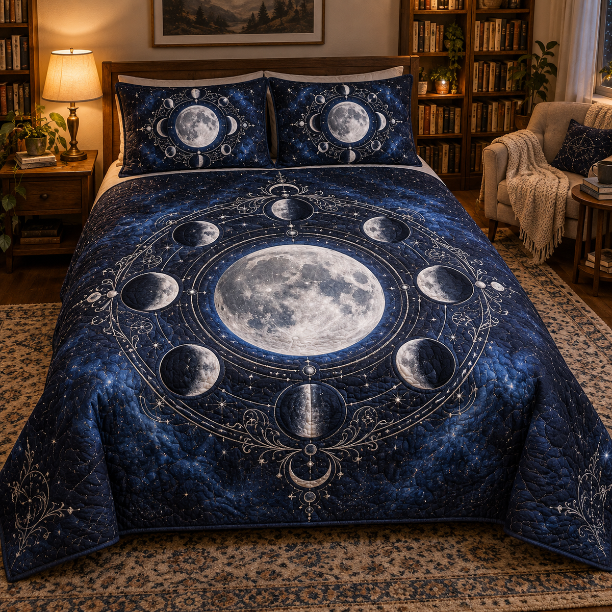 Moon Phase Reading Nook Quilted Bedding Set with flat printed optical 3D silver lunar motifs on midnight indigo