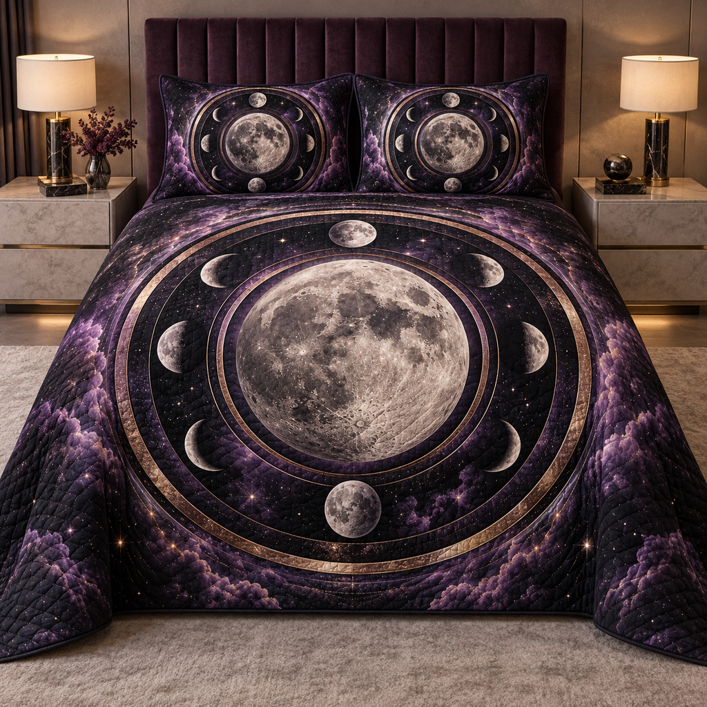 Moon Phase Violet Eclipse Quilted Bedding Set with flat printed optical 3D lunar rings and violet clouds